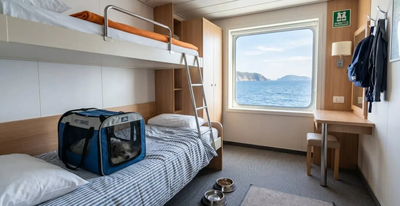 Interno luminoso di una cabina traghetto moderna con trasportino aperto su cuccetta, ciotole acqua e dettagli comfort animali