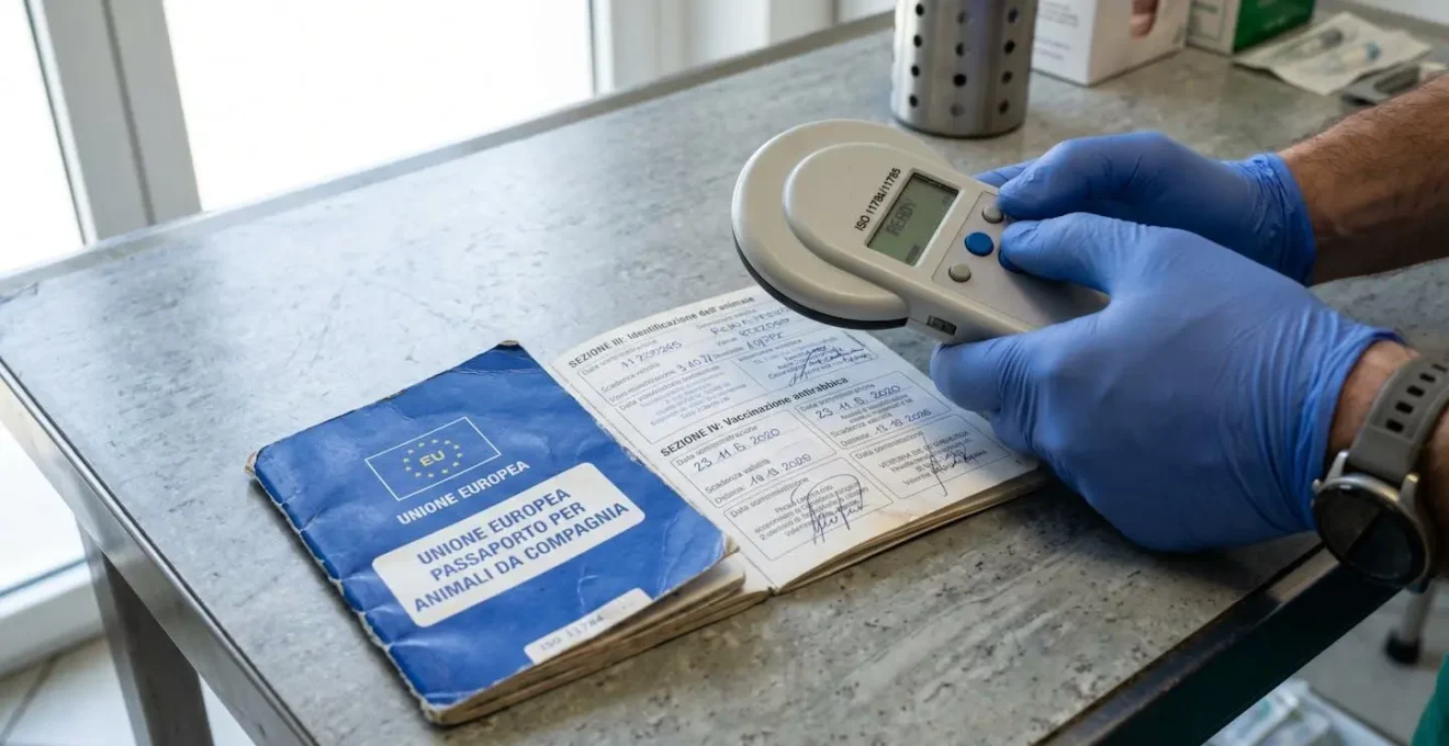 Primo piano di un passaporto europeo per animali domestici aperto sulla pagina delle vaccinazioni, con scanner microchip e mano di veterinario