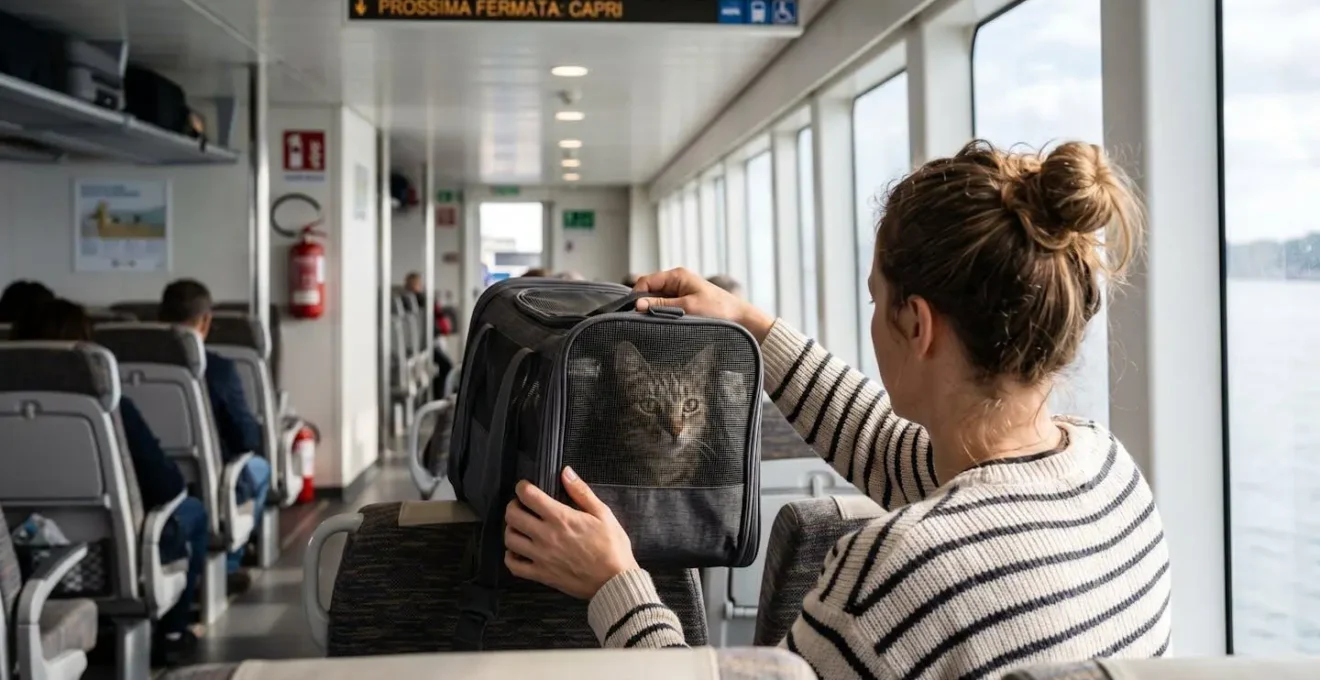 Una donna posiziona delicatamente un trasportino con gatto su una poltrona di un traghetto moderno illuminato da luce naturale