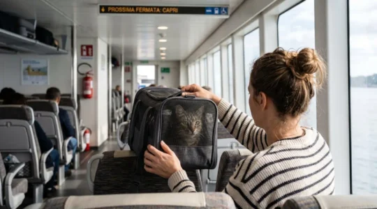 Una donna posiziona delicatamente un trasportino con gatto su una poltrona di un traghetto moderno illuminato da luce naturale