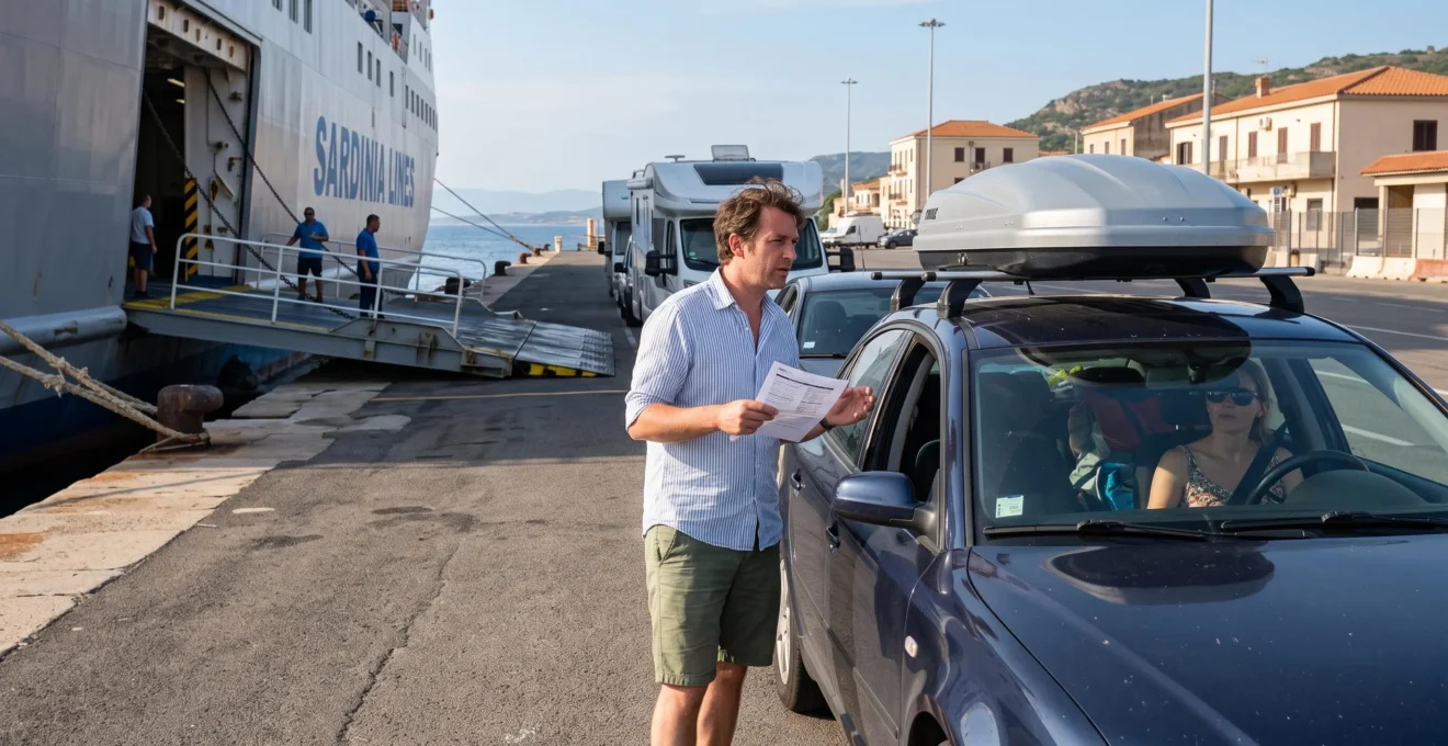 Un'auto familiare con bagagli aspetta in coda per l'imbarco su un traghetto in un porto della Sardegna.