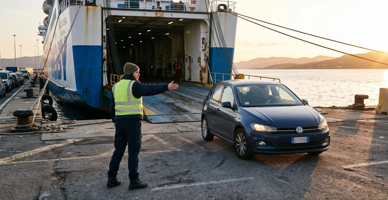 Un membro dell'equipaggio indica a un'auto familiare la manovra di avvicinamento alla rampa di imbarco del traghetto.