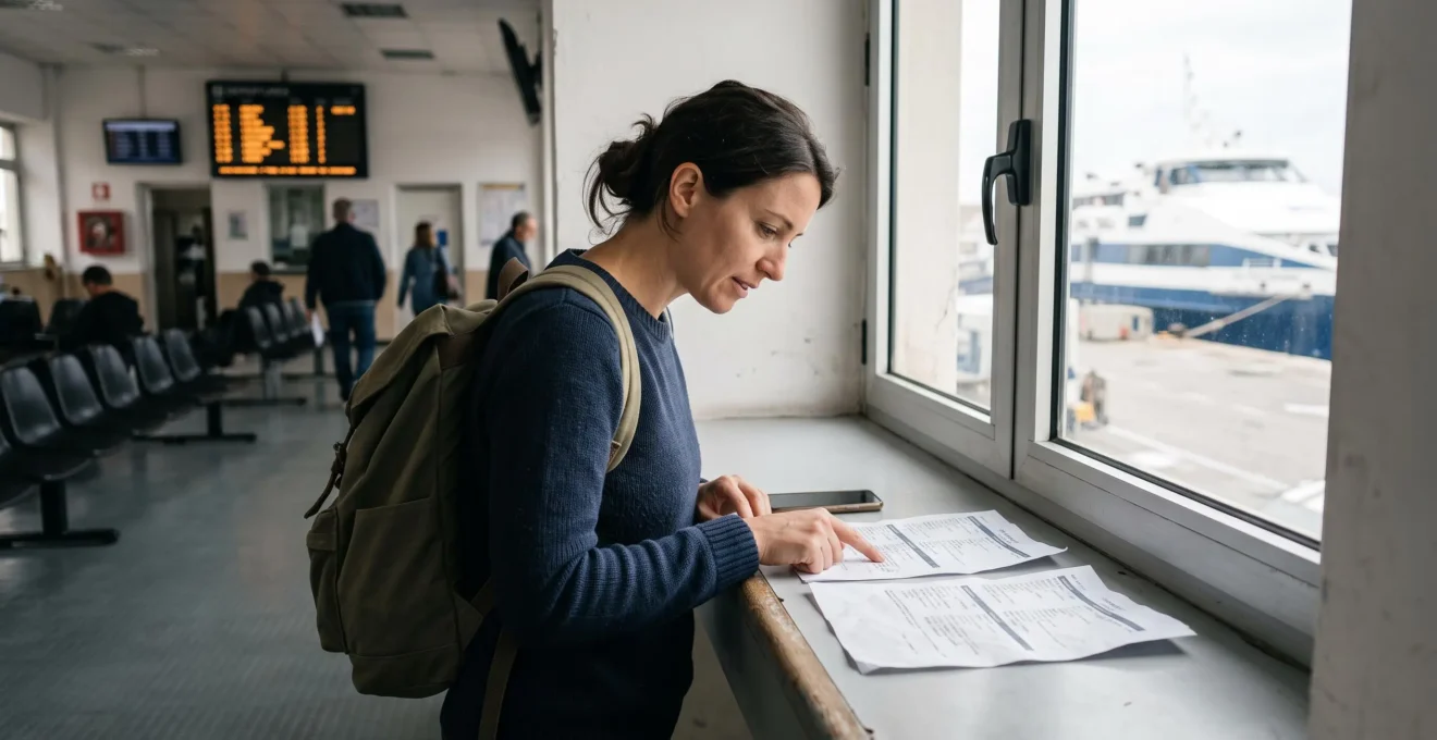 Una viaggiatrice confronta due itinerari stampati nella sala d'attesa di un terminal traghetti italiano.