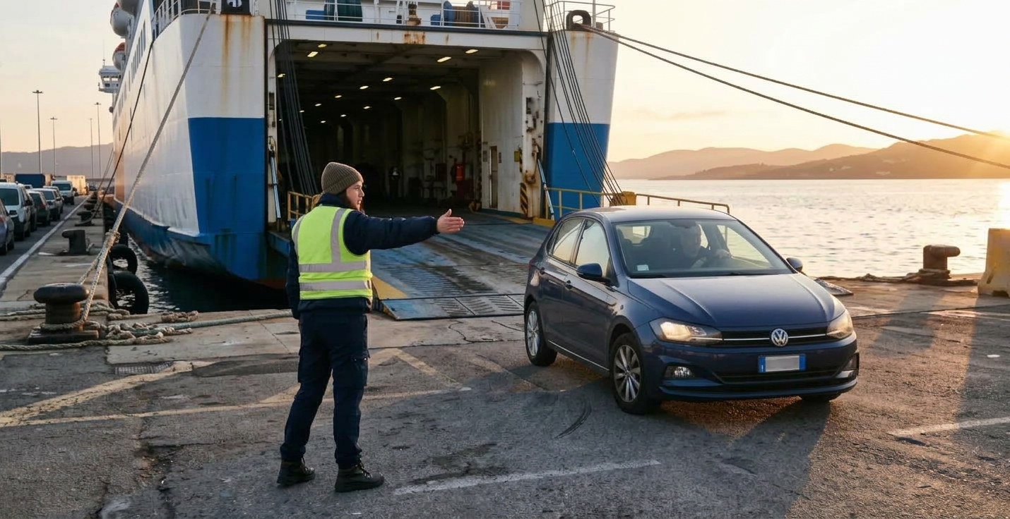 Un membro dell'equipaggio indica a un'auto familiare la manovra di avvicinamento alla rampa di imbarco del traghetto.